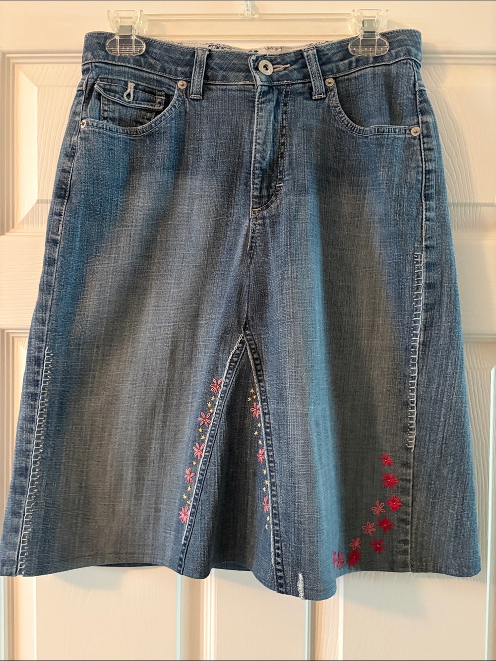 Hand made Denim A-Line Skirt with Pink Floral Embroidery - Women Jeans